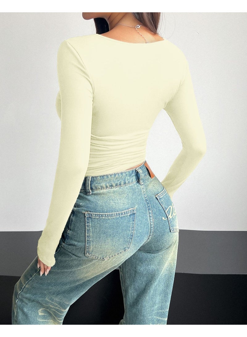 general 2026 Elegant Women's Long-Sleeved Square-Neck Crop Top, Long-Sleeved Pullover Tight-Fitting Casual Fashion Top, Y2K Style Top, T-Shirt - Image 5